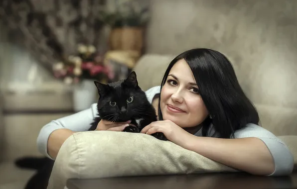 Cat, cat, girl, smile, table, room, sofa, black