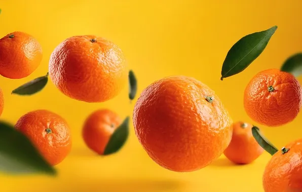 Leaves, flight, fruit, orange background, tangerines, levitation, AI art, neural network