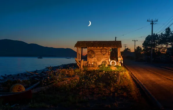 Moon, sunset, night, dusk, fishing, shack, waterfront, Lummi Island