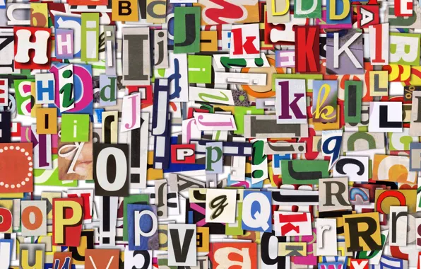 Picture letters, newspaper, colorful, English, clippings, Uppercase