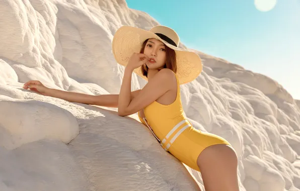 Look, the sun, sexy, model, body, hat, makeup, figure