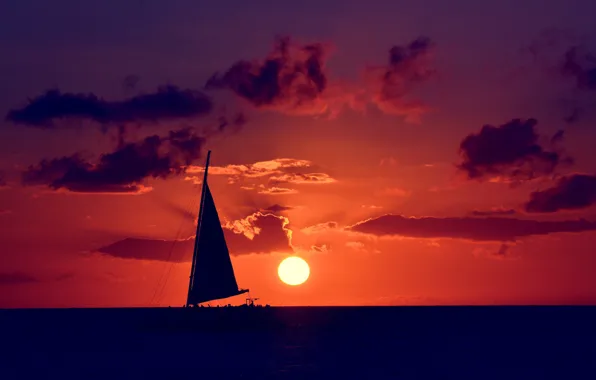 SEA, HORIZON, The SKY, CLOUDS, SAIL, SUNSET, YACHT, SILHOUETTE