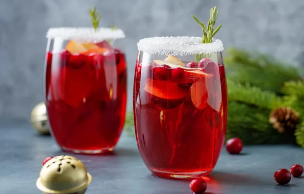 Balls, red, berries, glasses, alcohol, cocktail, New year, sugar
