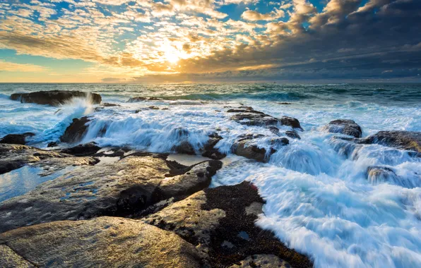 Sea, the sky, clouds, sunset, stones