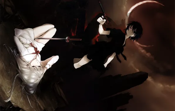 Night, gun, open, rocks, katana, Schoolgirls, art, lunar Eclipse