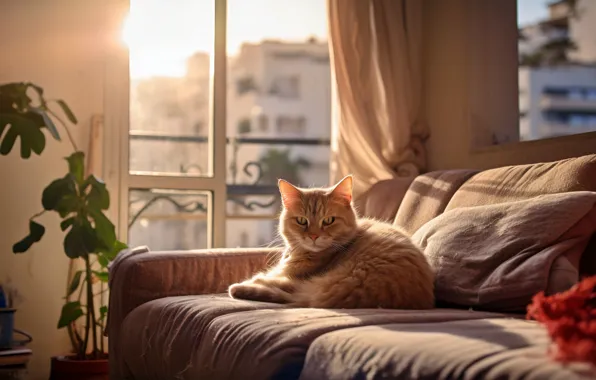 Cat, look, the sun, light, pose, comfort, kitty, sofa
