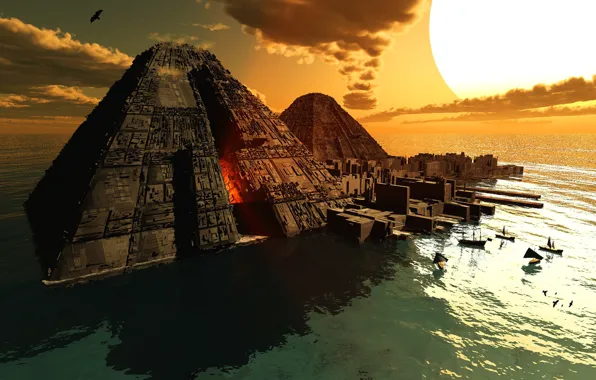 Sea, the sun, boats, pyramid, The Port of ATLANTIS