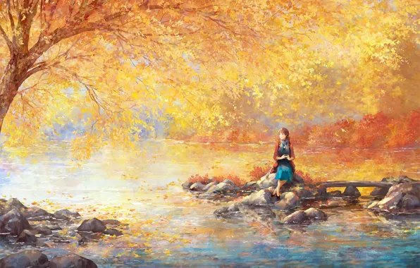 Girl, river, stones, tree, foliage, garden, art, painted landscape