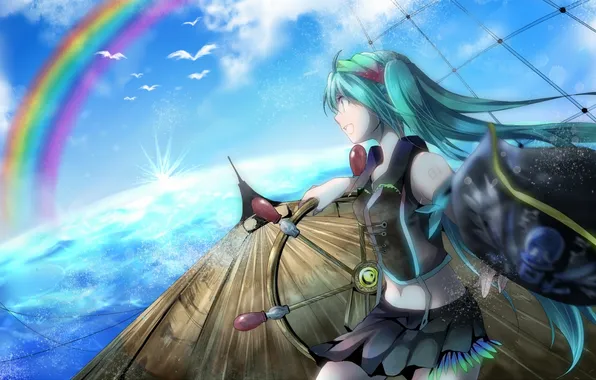 Picture the sky, girl, clouds, squirt, birds, the ocean, ship, rainbow