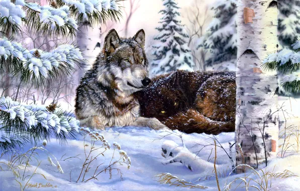 Picture winter, forest, snow, spruce, wolves, painting, bumps, pine