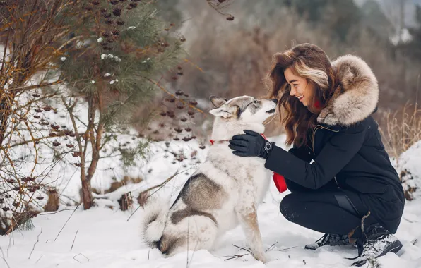 Winter, girl, dog, pet