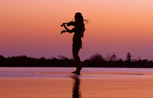 Music, girl, twilight, sunset, lake, dusk, violin, reflection