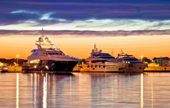 The city, yachts, the evening, port, Croatia, Dalmatia, Zadar, Luxury yachts harbor at golden hour …