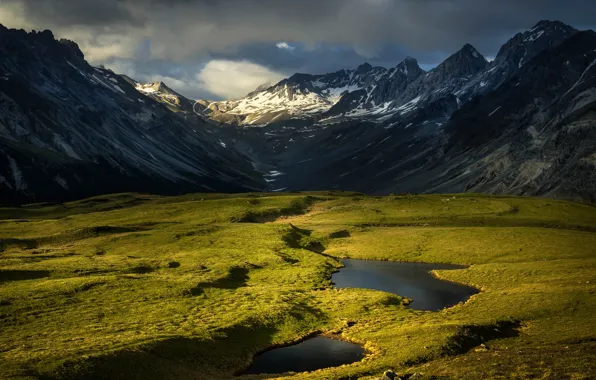 Field, the sky, clouds, light, landscape, mountains, lake, the slopes