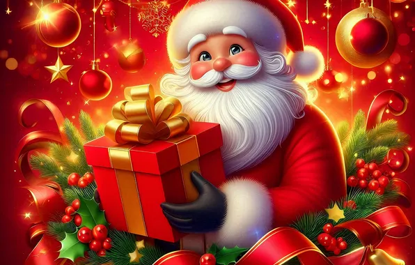 Balls, lights, lights, gift, Christmas, New year, Santa Claus, bow
