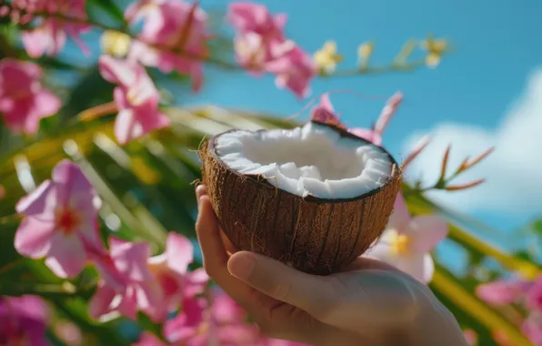 The sky, flowers, tropics, blue, hand, coconut, pink