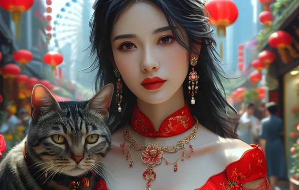 Cat, necklace, Chinese, Asian, hair long