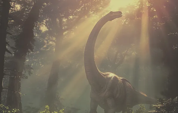 The sun, Trees, Dinosaur, Animal, Digital art, Ancient animals, Extinct animals, Prehistoric