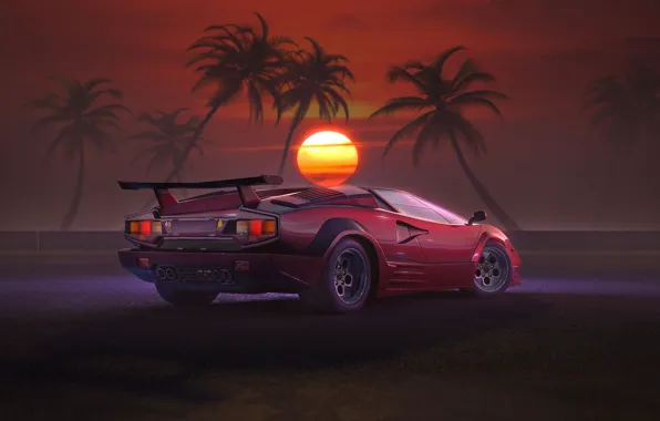 Sunset, The sun, Auto, Music, Lamborghini, Machine, Style, 80s