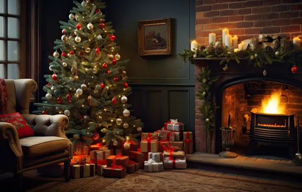 Decoration, room, balls, tree, interior, chair, New Year, Christmas