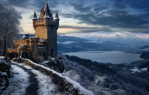 Winter, snow, mountains, nature, lake, castle, old, landscape