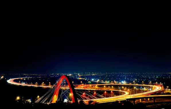 Night, bridge, the city, lights, road