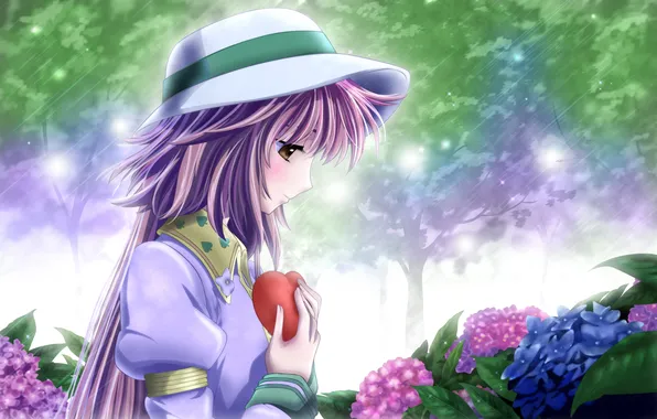 Girl, flowers, heart, hat, girl, hydrangeas, kobato
