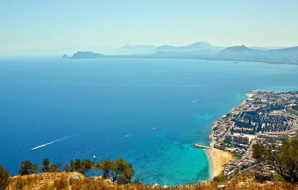 Picture sand, sea, beach, mountains, yachts, resort, boats, big blue yonder