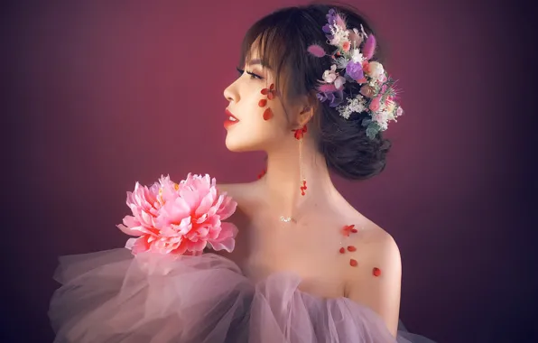 Picture girl, decoration, flowers, dress, Asian