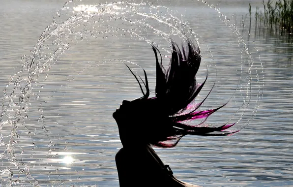 Picture girl, squirt, face, hair, wet, water, profile