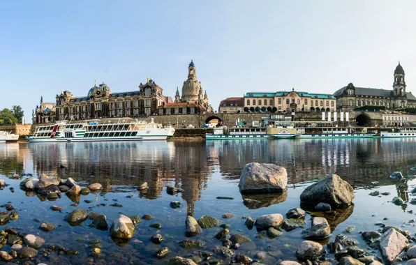 Picture river, stones, shore, home, Germany, Dresden, panorama, promenade
