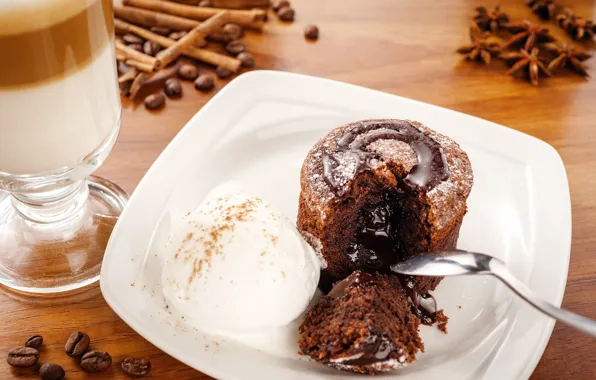 Chocolate, ice cream, dessert, spices, latte, fondant