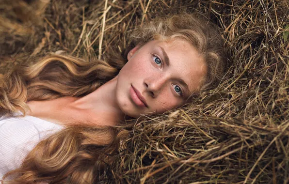 Portrait, freckles, sponge, redhead, Garipova Elina, portrait girl summer nature hay view