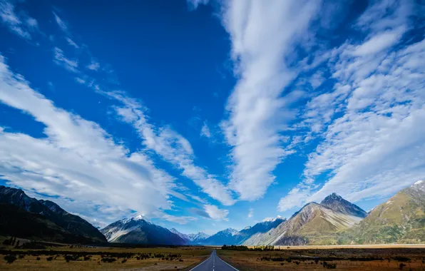 Road, the sky, clouds, mountains