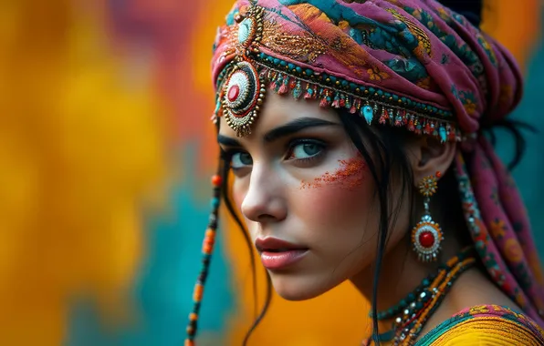 Look, girl, face, portrait, headdress, AI art, neural network