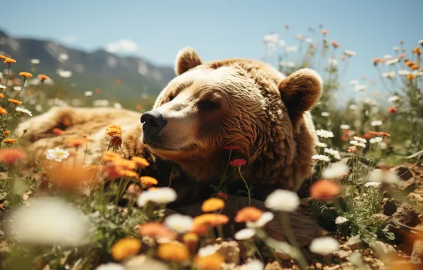 Field, summer, face, light, flowers, bear, meadow, lies