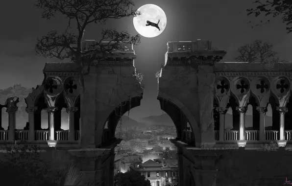 Night, the city, castle, the moon, silhouette, ruins, jump