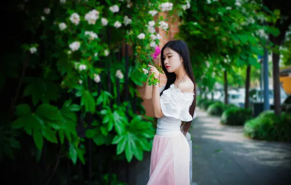 Summer, look, girl, the city, street, model, makeup, dress