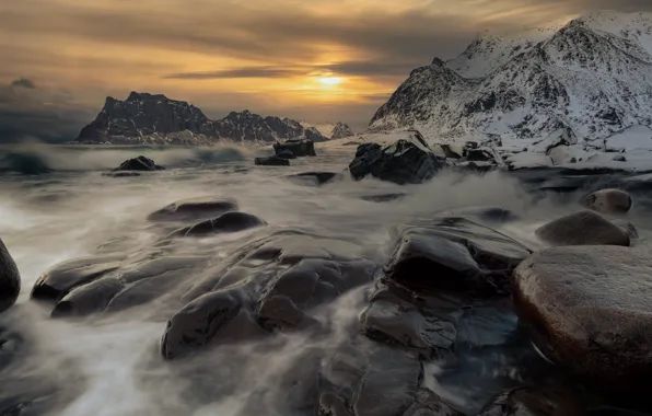 Sea, sunset, mountains, stones, Norway, Norway, The Lofoten Islands, The Norwegian sea