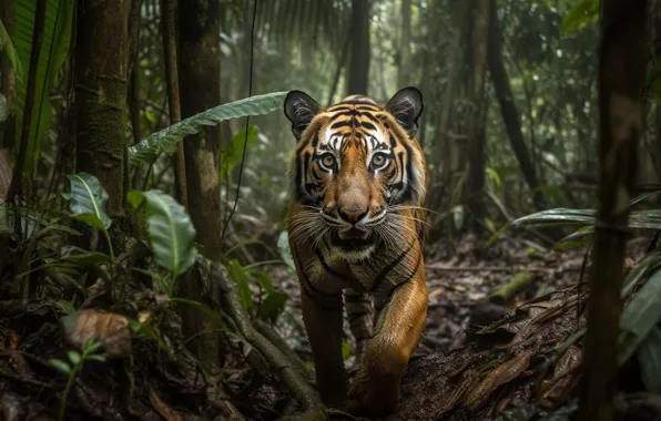 Face, tiger, portrait, digital art, AI art, neural network, the art of artificial intelligence