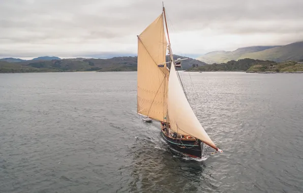 The way, movement, overcast, the ocean, the wind, coast, ship, sailboat