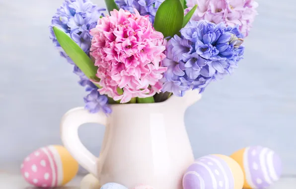 Flowers, holiday, Board, eggs, Easter, pitcher, Easter, eggs