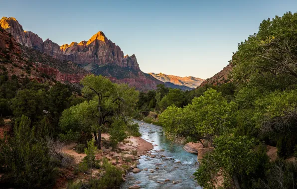 The sky, trees, mountains, nature, river, rocks, USA, USA