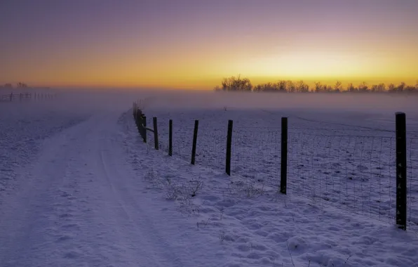 Winter, road, landscape, sunset, the fence