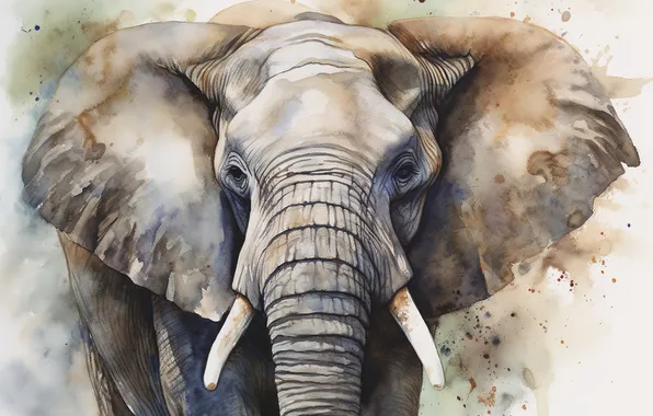 Look, face, elephant, portrait, watercolor, painting, imitation of watercolor, AI art