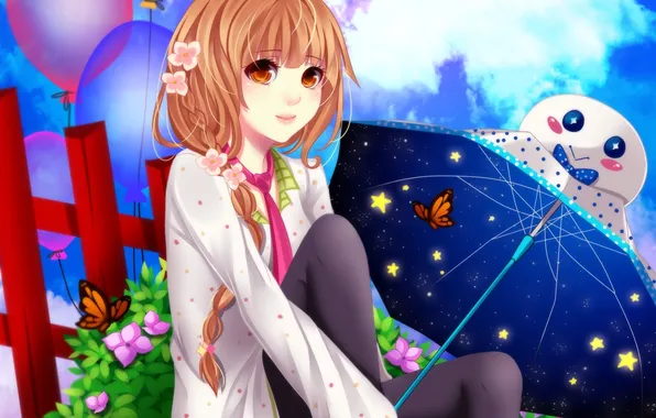 The sky, girl, stars, clouds, balls, butterfly, flowers, umbrella