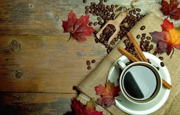 Picture autumn, leaves, coffee, Cup, cinnamon, autumn, leaves, cup