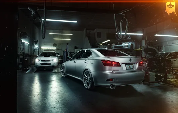 Lexus, Subaru, Impreza, workshop, rear, silvery, lift, IS 250