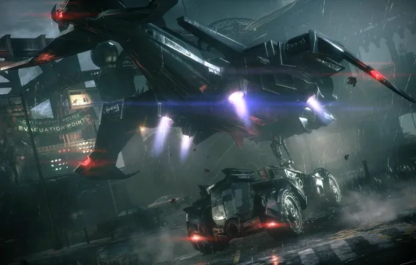 Night, the plane, Batman, Gotham, Batman: Arkham Knight, betmobil