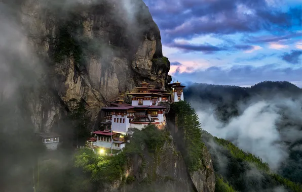 Clouds, landscape, mountains, nature, fog, rock, the monastery, Bhutan